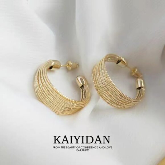 Women's 14K Gold Plated Chunky Dangle Hoop Earring Statement Thick Gold Brushed - Picture 8 of 9